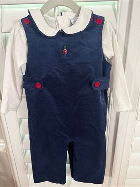 Edgehill Collection Navy Velvet Romper Set with Red Accents